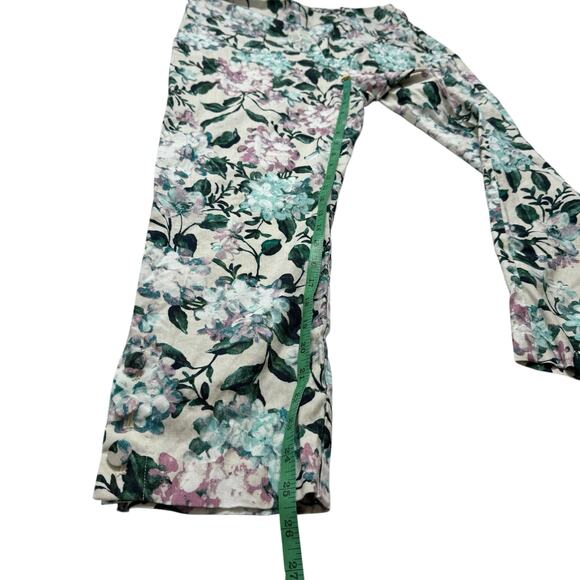 J.JILL Linen Stretch White Green Floral Side Zip Pants Size Medium Button Hem - Picture 8 of 8
